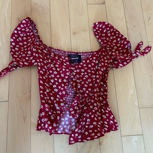 Reformation Red Puff Sleeve Smocked Blouse
